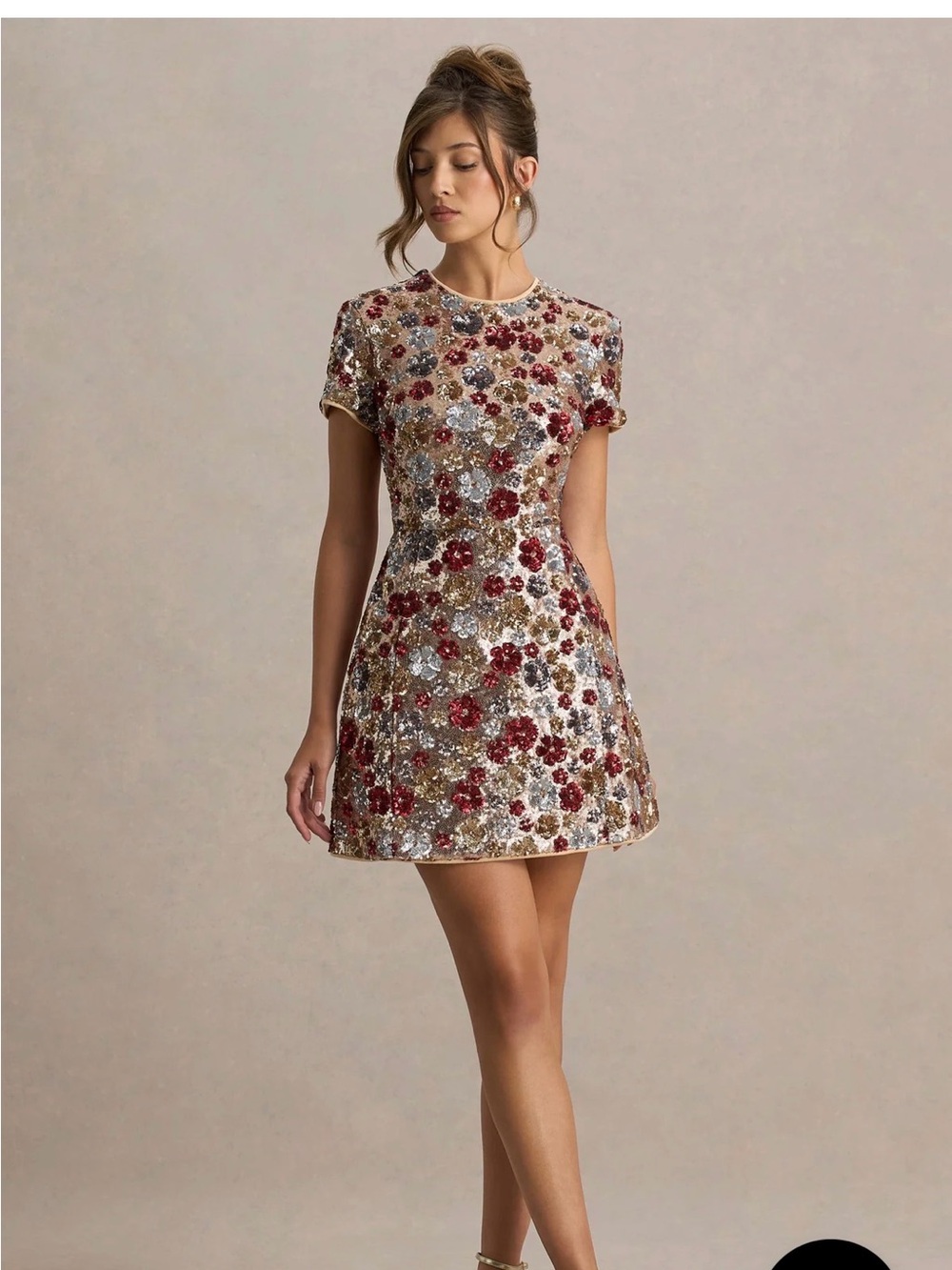 NWT EIRA Red Floral Embellished Sequin Crew-Neck Mini Dress